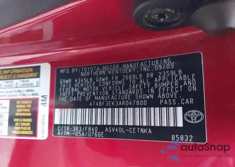 2010 Toyota Camry Le z USA, uszkodzony, nr VIN 4T4BF3EK3AR047800